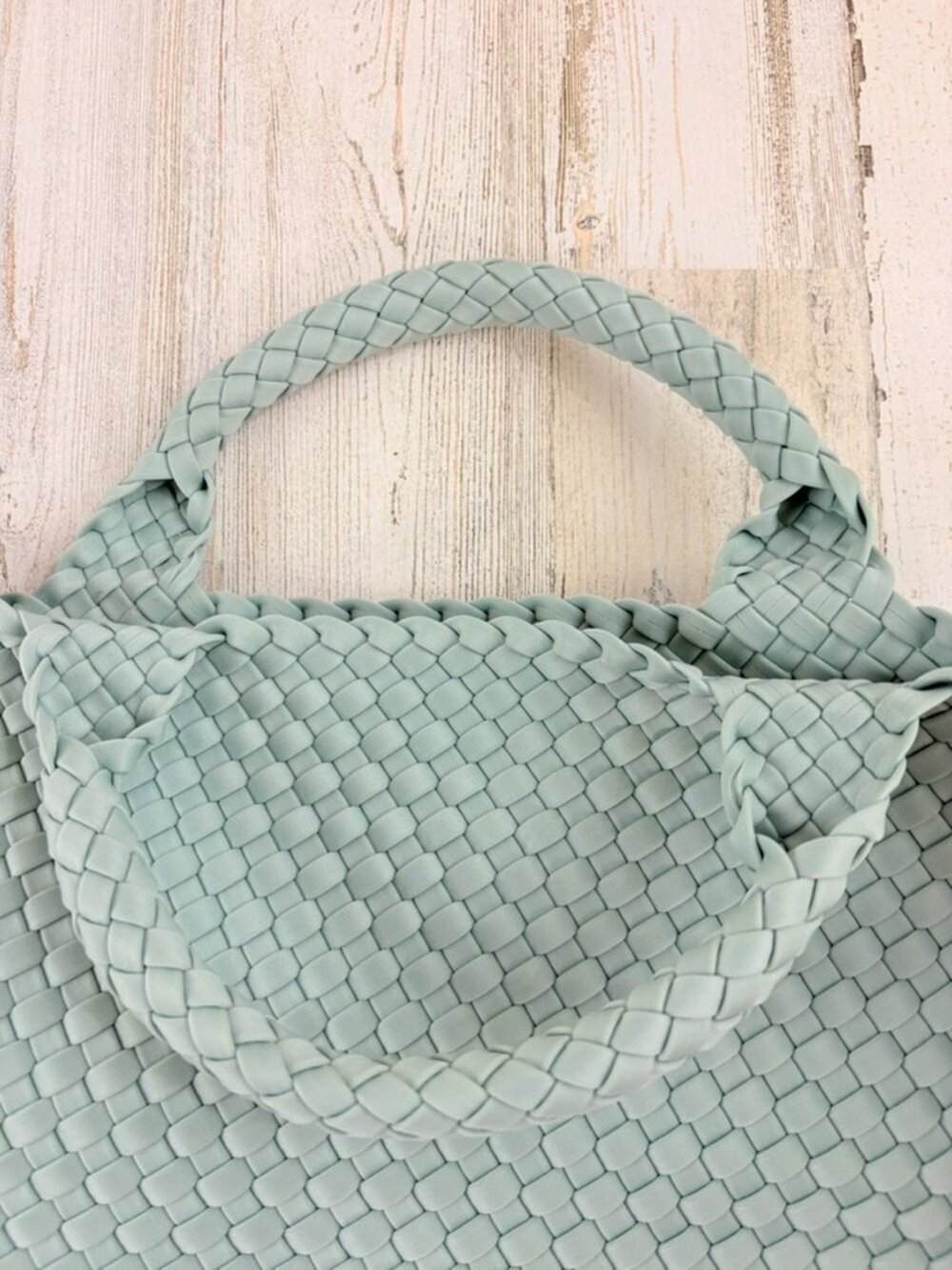 Naghedi St Barths Medium Tote Aqua Green Woven Neoprene with Pouch - Picture 14 of 16